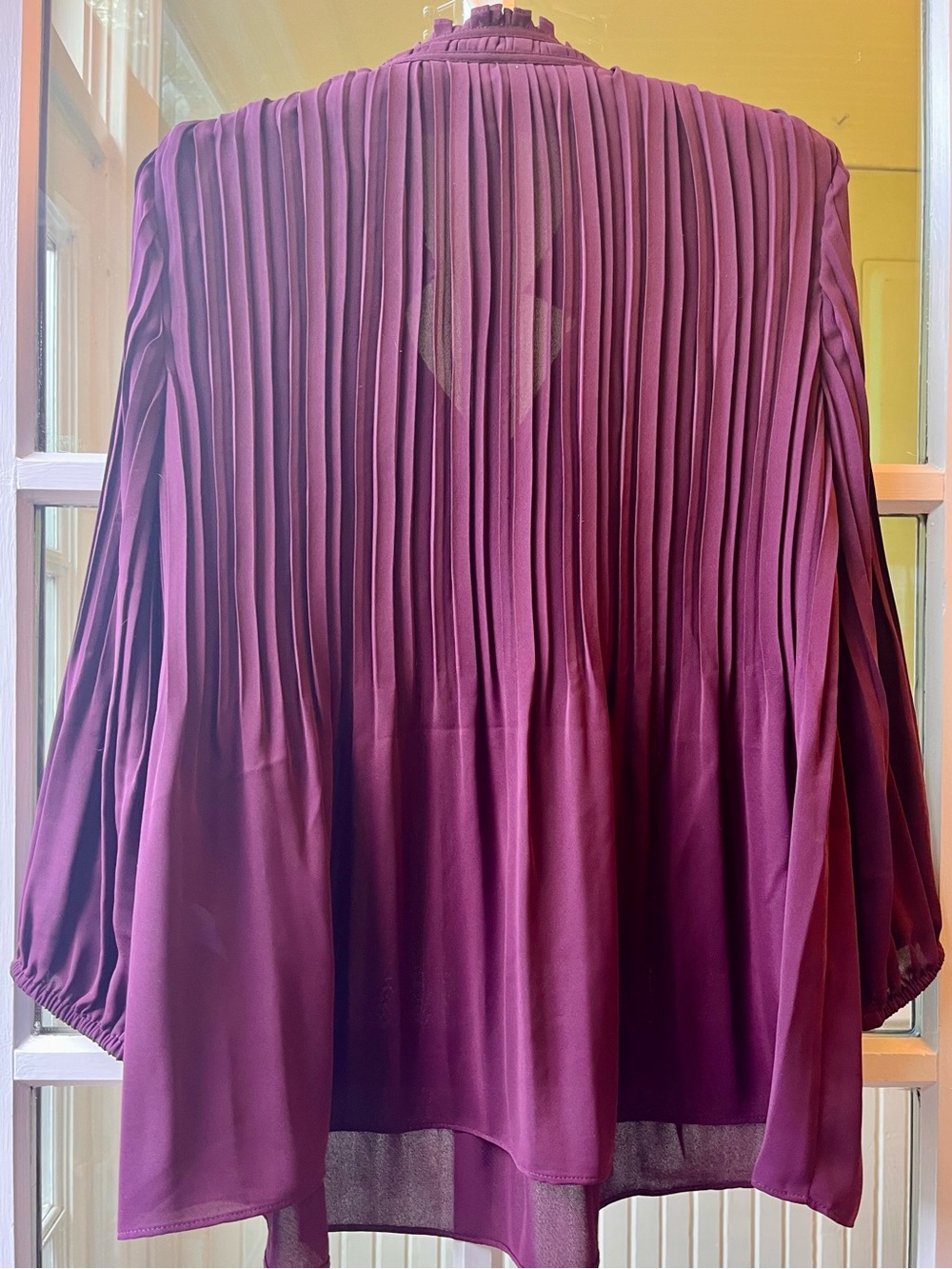 J. Jill Plum Pleated V-Neck Ruffle Poet Blouse in a Rich Burgundy Purple - Picture 2 of 9